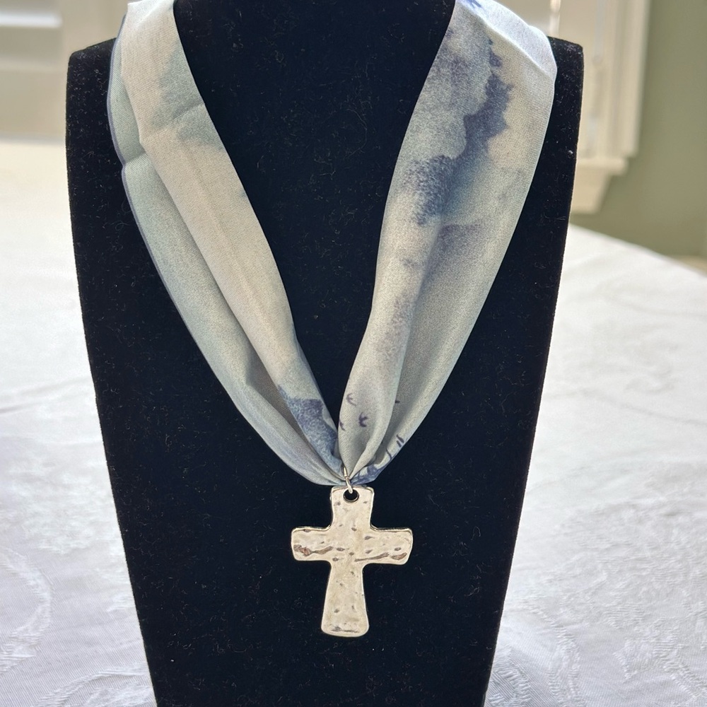 Silver Cross Pendant on Blue Scarf Necklace